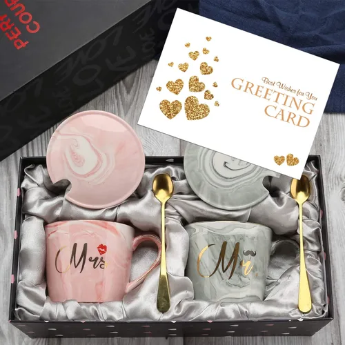 Vista 10 de Tazas de café para parejas Mr Right Mrs Always Right - Tazas de cerámica de mármol para despedida de soltera, boda, aniversario, día de San Valentín