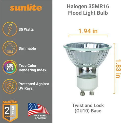 Vista 3 de Sunlite Bombilla halógena 40712 MR16, 35 vatios, inundación de 38°, 120 voltios, vida útil de 2000 horas, regulable, base GU10, protector