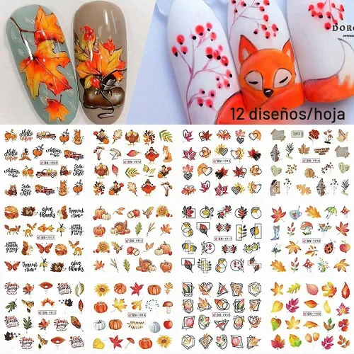 Vista 2 de Calcomanías de arte de uñas de otoño, calcomanías de agua de otoño, suministros de uñas, hojas de arce, pavo, calabaza, diseño de calcomanías
