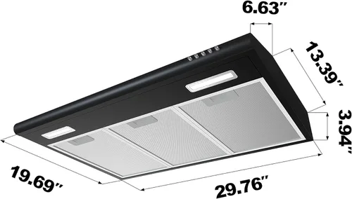 Vista 2 de CIARRA AWB75918B Campana extractora negra de 30 pulgadas para debajo del gabinete con diseño antihuellas, campana extractora delgada con control
