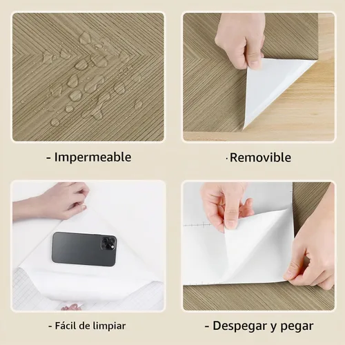 Vista 9 de Wallercity Papel tapiz de espiga marrón claro para despegar y pegar, diseño de rayas modernas, papel tapiz autoadhesivo con aspecto de madera, papel