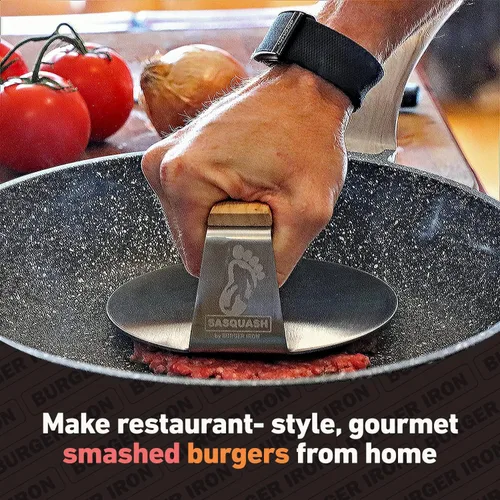 Vista 6 de The Sasquash 'Indestructo' Burger Smasher - Prensa de hamburguesa aplastada de grado profesional con mango plano ancho - Plancha de barbacoa