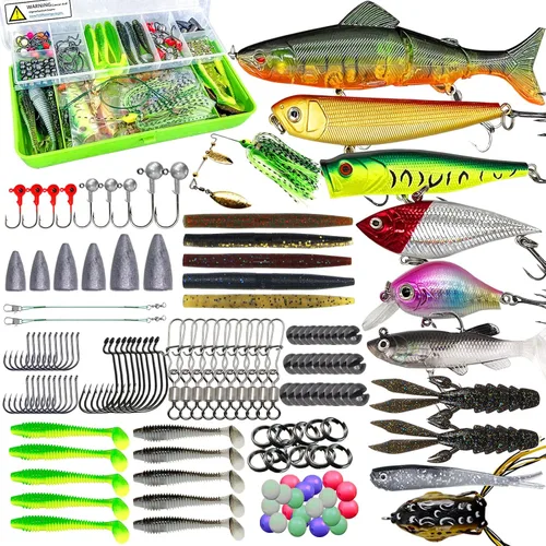 Kit de señuelos de pesca, incluyendo cebos, anzuelos, palas, lombrices, plomos, ganchos, caja de aparejos y más equipo de pesca para truchas y