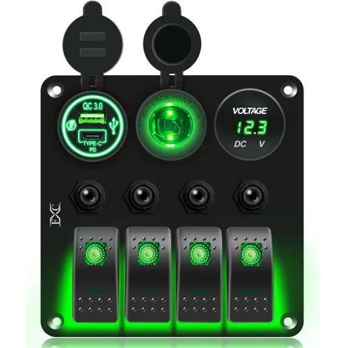 Vista 10 de FXC Panel de interruptor basculante azul de barco marino impermeable de 4 vías con enchufe USB QC3.0 y ranura tipo C + encendedor de cigarrillos +