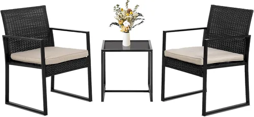 Juego de 3 piezas de bistró para exteriores, mecedora de mimbre, juegos de conversación de ratán, muebles de patio para patio trasero, porche, Caqui