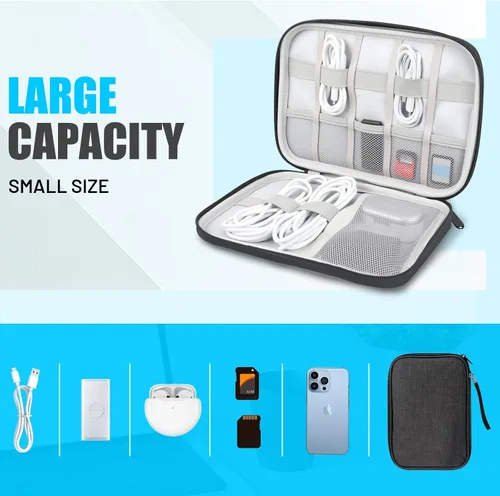 Vista 6 de Bolsa Organizadora de Cables de Viaje, Funda Organizadora de Electrónica con Doble Capa para Cables, Cargadores, Teléfono, Auriculares, USB