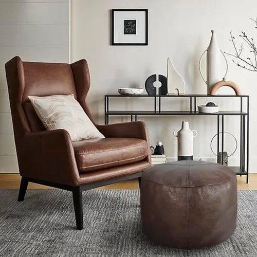 Vista 8 de Thgonwid Unstuffed Faux Leather Pouf Cover, Handmade Footstool Ottoman Storage Solution, Floor Footrest Cushion - 16.5”Dx12”H, Matte Coffee