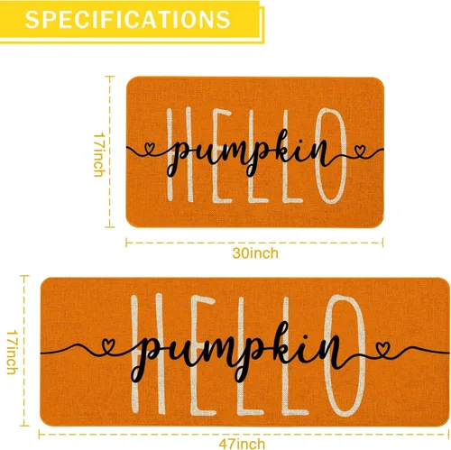 Vista 2 de Juego de 2 tapetes de cocina con diseño de calabaza naranja, decoración creativa de Acción de Gracias, antifatiga, impermeable, resistente a