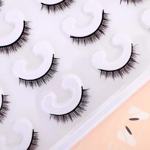 Vista 4 de Pestañas naturales extra cortas de 0.315 pulgadas de longitud, pestañas postizas 3D, aspecto natural, paquete de 10 pares, 100% hechas a mano