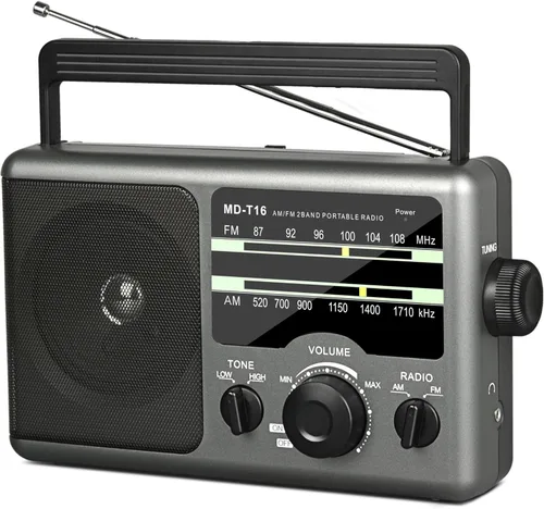 AM FM Portable Radio Battery Operated by 4X D Cell Batteries Or AC Power Transistor Radio with and Big Speaker, Standard Earphone Jack, High/Low
