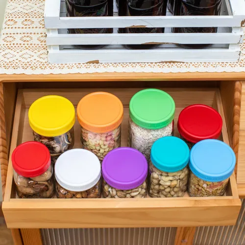 Vista 5 de Jumterlee Paquete de 9 tapas para tarros Mason de boca regular, tapas de plástico con anillos de silicona, tapas de conservas de plástico, bola