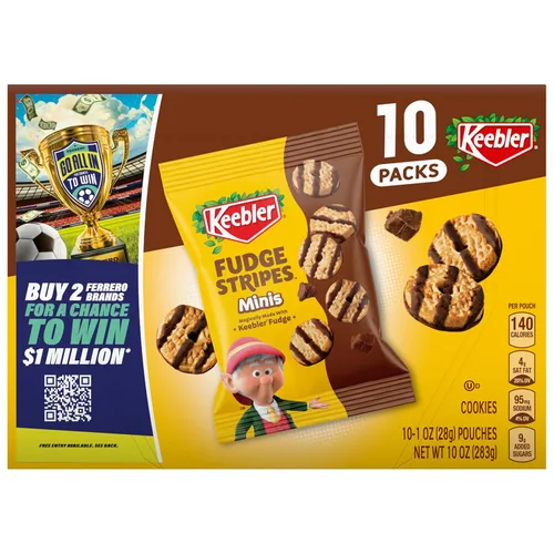 Keebler Fudge Stripes Minis, Mini galletas de mantequilla originales recubiertas en Keebler Fudge, 1 oz, 10 unidades