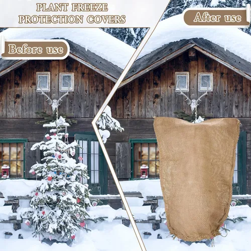 Vista 4 de 2 bolsas de arpillera para plantas de invierno, 29 x 41 pulgadas, reutilizables, protección contra congelación con cordón, cubiertas cálidas