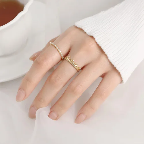 Vista 3 de Anillo apilable para mujer, minimalista, anillo de perlas diminutas, plateado, delicado, lindo, anillo para mejor amiga, anillo de oro con diamantes