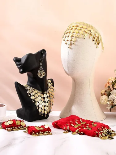 Vista 6 de Disfraz de gitana para mujer, joyería de bailarina del vientre, bufanda de cadera con moneda, tocado gitano, collar y aretes de oro