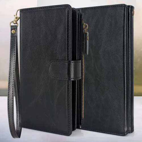 Vista 2 de Harryshell Funda de piel con cremallera magnética desmontable y bolsillo para monedas, 12 ranuras para tarjetas, correa de muñeca compatible