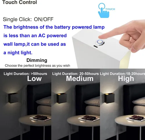 Vista 4 de Lámpara de pared LED para interiores con interruptor táctil, lámpara inalámbrica recargable USB, lámparas de pared alimentadas por batería, lámparas