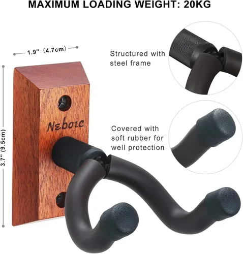 Vista 3 de Neboic - Soporte de pared para guitarra, 3 unidades de madera para guitarra, gancho de guitarra, accesorios de guitarra para bajo eléctrico