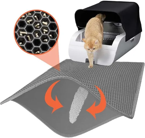 Vista 9 de Tapete de arena para gatos, diseño de panal de abeja de doble capa, a prueba de orina y agua, control de dispersión, más fácil de limpiar, alfombra