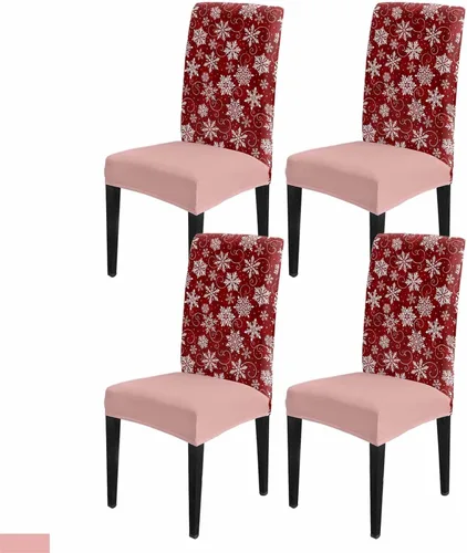 Vista 29 de Savannan - Juego de 4 fundas para sillas de árbol de Navidad, bolas de copos de nieve de color rojo invierno, fundas elásticas para sillas Parsons