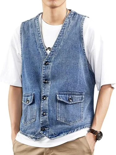 Vista 8 de LONGBIDA Chaleco de mezclilla para hombre, casual, ajustado, sin mangas, para exteriores