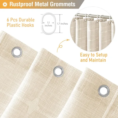 Vista 5 de BTTN - Cortina pequeña de tela para ducha, bohemia y campestre, con borlas, estilo rústico, para baño, de lino, con 6 ganchos de plástico