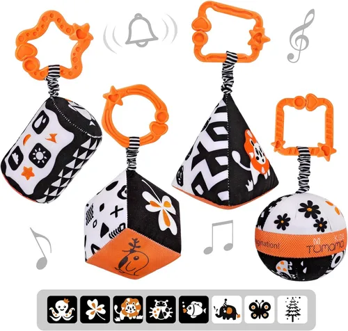 TUMAMA High Contrast Shapes Sets Baby Toys, Black and White Stroller Toy for Car Seat Baby Plush Rattles Rings Hanging Toy for 0 3 6 9 to 12 Months,