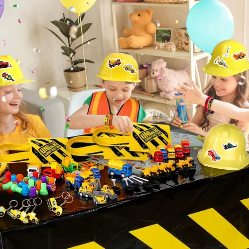 Vista 2 de Sratte 122 piezas de suministros de fiesta de cumpleaños de construcción, 12 sombreros de construcción, 12 chalecos de construcción, 12 bolsas