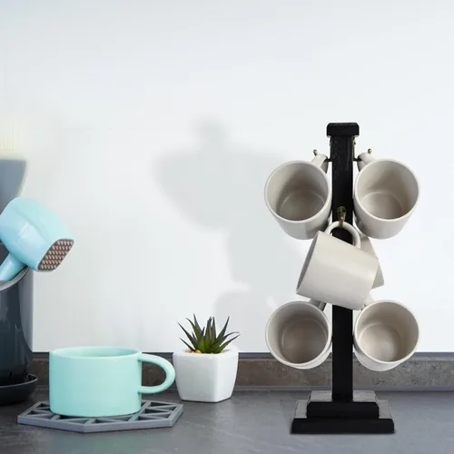 Vista 7 de EMASON - Soporte rústico para taza de café, soporte de madera maciza para 6 tazas, organizador de cocina que ahorra espacio, elegante y resistente