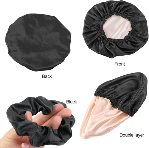 Vista 3 de Gorro de satén de seda para dormir, gorra grande ajustable de satén de seda para el cabello