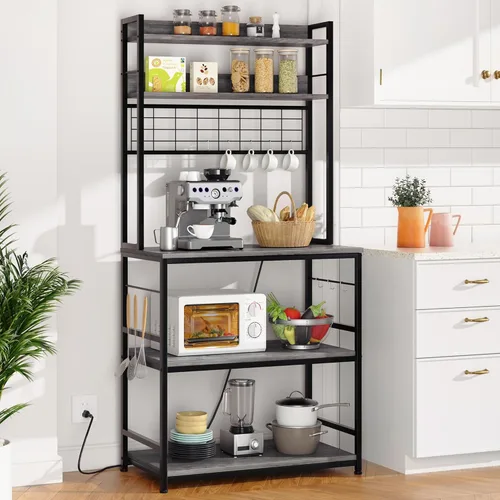 Vista 2 de Shintenchi Estante de panadero con toma de corriente, gran espacio de almacenamiento, 10 ganchos, barra de café con panel de alambre metálico