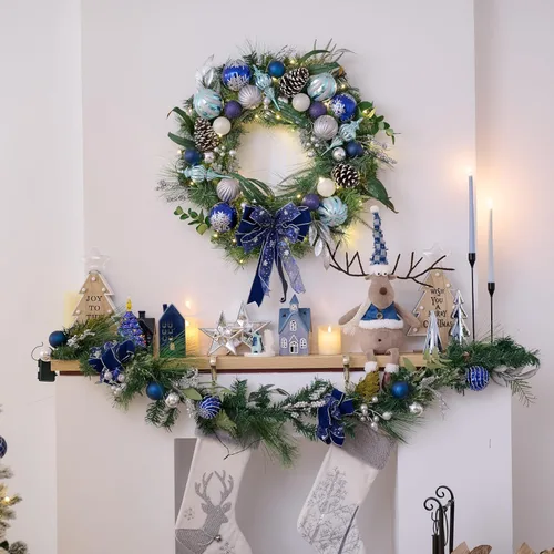 Vista 2 de Valery Madelyn Guirnalda de Navidad preiluminada de 6 pies con luces para manto, guirnalda de Navidad iluminada al aire libre con bola azul plateada