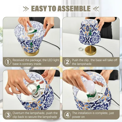 Vista 5 de Blue and White Retro Patterns Table Lamps 3 Way Dimmable Modern Lamps with Stylish Shade for Farmhouse Home Office Decor, Metal Base lampara de mesa