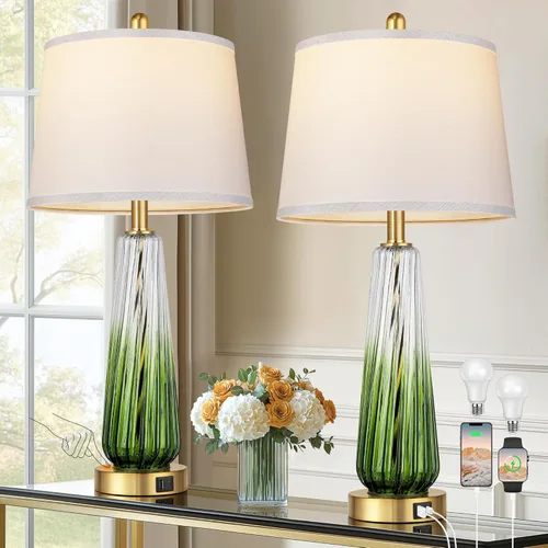 Vista 13 de Juego de 2 lámparas de mesa de vidrio, lámparas de noche modernas para dormitorios con puertos USB A+C, lámpara de mesita de noche regulable de 3