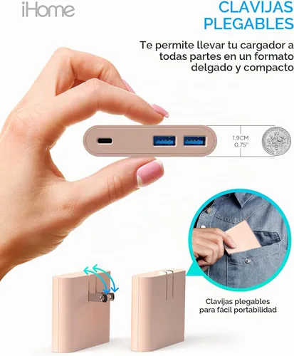 Vista 6 de iHome Bloque de cargador de pared multipuerto de 32 W, 3 puertos, 1 USB-C Negro