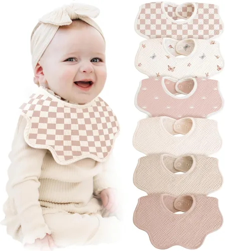 Vista 8 de Konssy Baberos de muselina para bebé 100% algodón absorbente tipo bandana para babeo y dentición, set de 6 para bebés niños y niñas