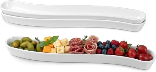 Vista 10 de Paquete de 3 platos para aceitunas - Bandeja de cerámica versátil para aperitivos, fuente de aperitivos - Vajilla larga en forma de arco tipo bote
