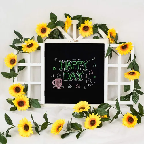 Vista 2 de DearHouse Paquete de 3 guirnaldas de girasoles artificiales de seda con hojas verdes para mesa de boda, decoración del hogar