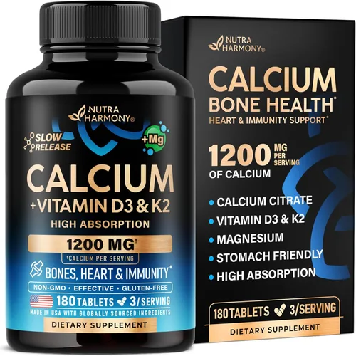 Calcio 1200 mg con vitamina D3 – Suplementos de citrato de calcio para mujeres y hombres – Salud ósea, fuerza y densidad – Alta absorción y