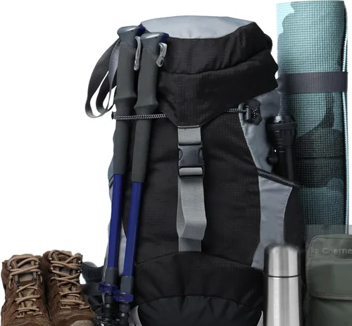 Vista 6 de Mochila de senderismo para bastón, 2 soportes elásticos ajustables para bastón de escalada, cordón de cuerda negra, hebilla de fijación, correas
