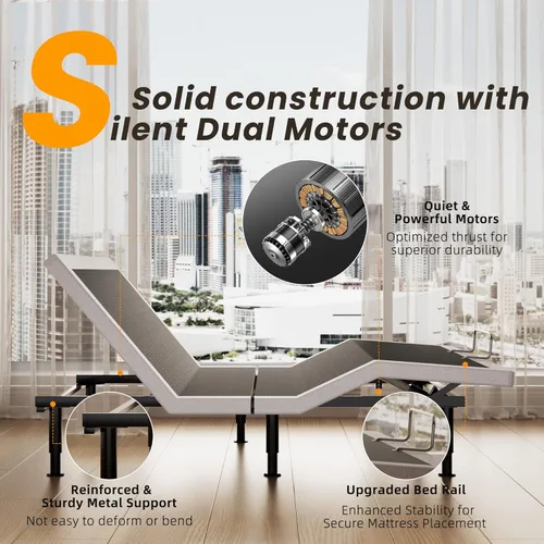 Vista 5 de Base de cama eléctrica ajustable de tamaño completo con control remoto inalámbrico, USB, inclinación de la cabecera y las patas, iluminación debajo