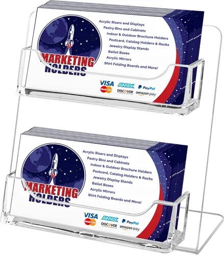 Marketing Holders Soporte para tarjetas de visita con 2 bolsillos inclinados, organizador de encimera de acrílico transparente para tarjetas de