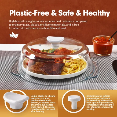 Vista 3 de ACEPRUT - Cubierta de vidrio sin plástico para salpicaduras de microondas con mango y tornillo de cerámica, 100% grado alimenticio, sin BPA, apto