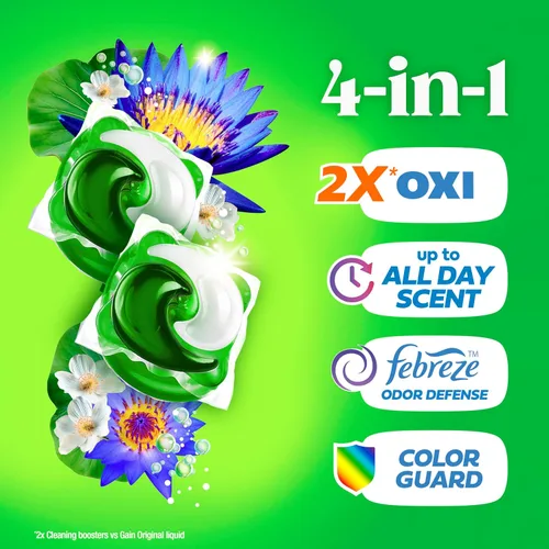 Vista 2 de Gain flings Ultra Oxi Cápsulas de Detergente para Ropa, 60 Unidades, Aroma Waterfall Delight, 3 en 1, Compatible con HE