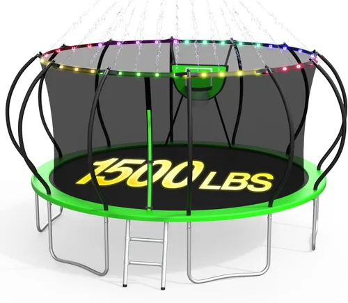 Vista 9 de Trampolín al aire libre de 1500 libras, trampolines de 16 pies, 14 pies y 12 pies con luz+aspersor + calcetines, recinto, escalera, postes curvos