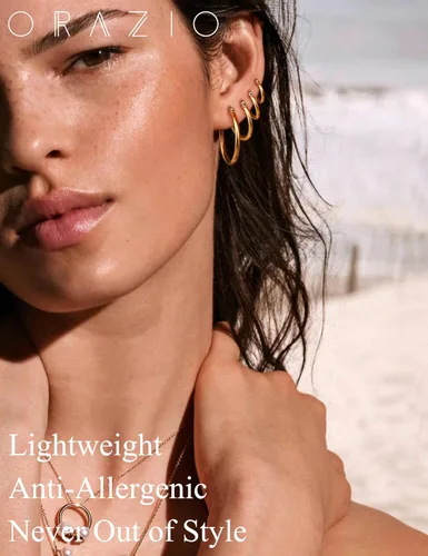 Vista 3 de ORAZIO 4 Pares de pendientes de argollas de acero inoxidable. Pendientes tipo argolla plana para mujer, de 10-20 milímetros.