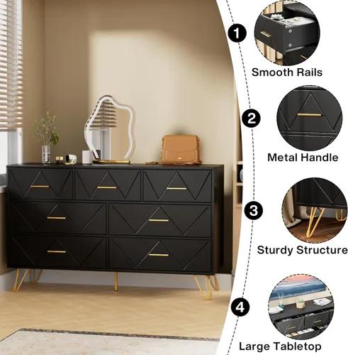 Vista 4 de JOZZBY Cómoda para dormitorio, cómoda de madera negra de 7 cajones con asas doradas, cómodas de almacenamiento modernas y cómodas para pasillo