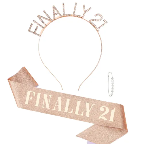 Vista 8 de Semato Kit de diadema de 21 cumpleaños con banda y diamantes de imitación FINALLY 21, decoraciones de cumpleaños 21, Dorado