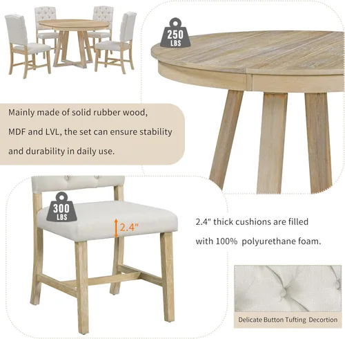 Vista 5 de Merax Juego de mesa de comedor redonda de 5 piezas, mesa de cocina extensible de madera y 4 sillas tapizadas, juego de mesa de comedor funcional