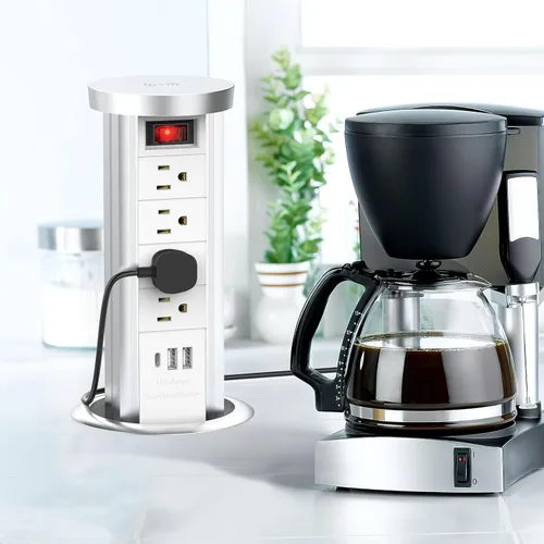Vista 7 de Toma de corriente desplegable para encimera con PD 20W USB C, salida empotrada de encimera, 4 salidas de CA, 3 puertos USB y cargador inalámbrico